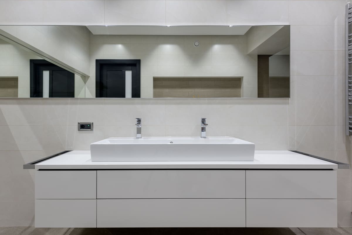 Bathroom vanity unit installed with the basin and tap fitted
