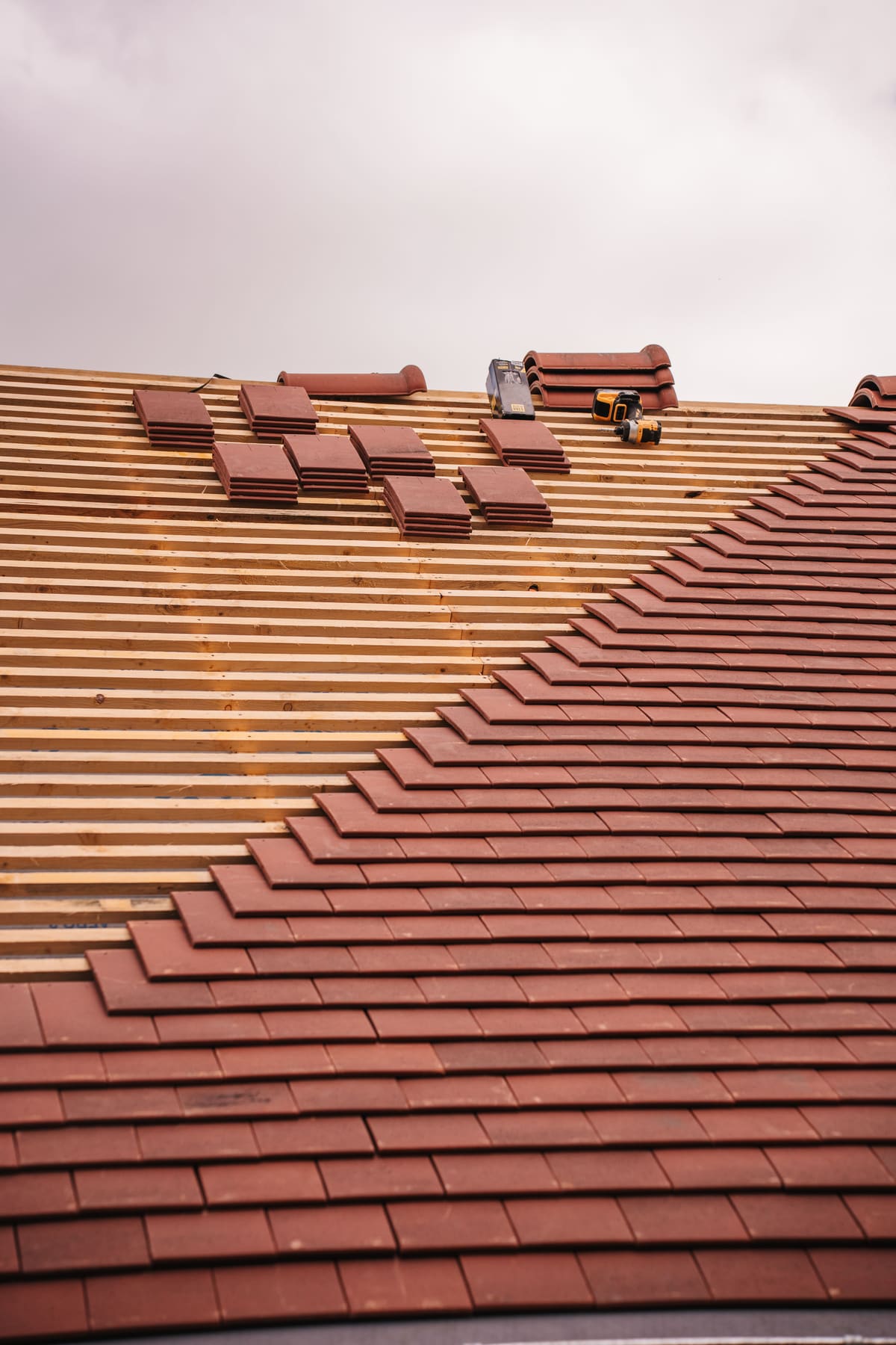 Tiled roof slope seen from below along the eaves line