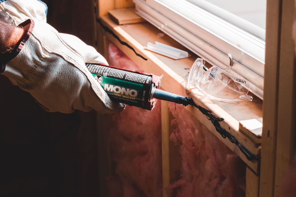 Gloved hand running a fresh bead of caulk along a window frame