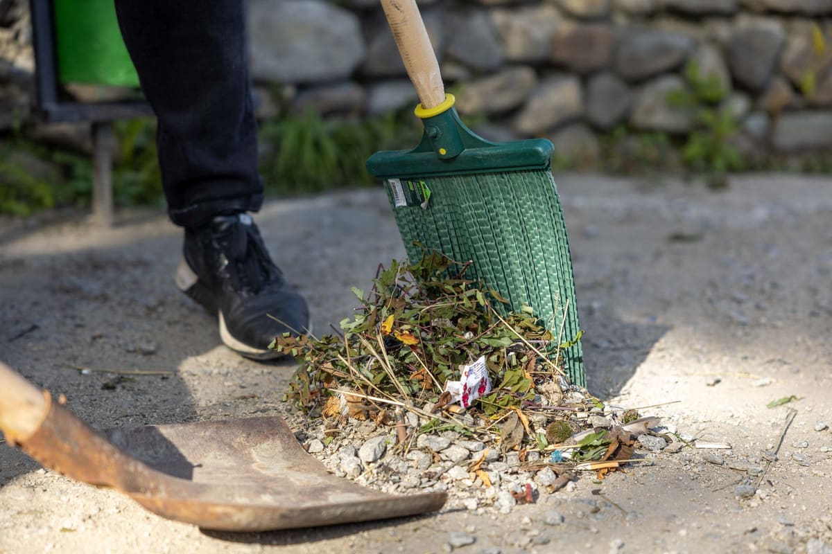 Rake pulling fallen leaves and garden debris into a pile