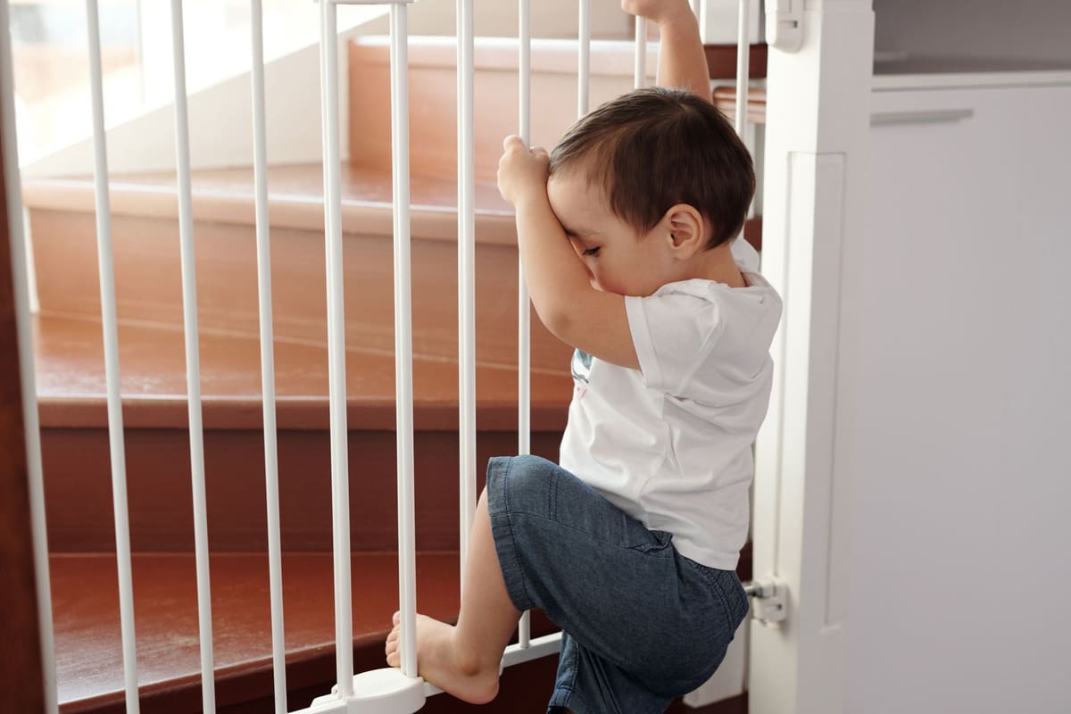 A toddler beginning to climb toward an unguarded staircase